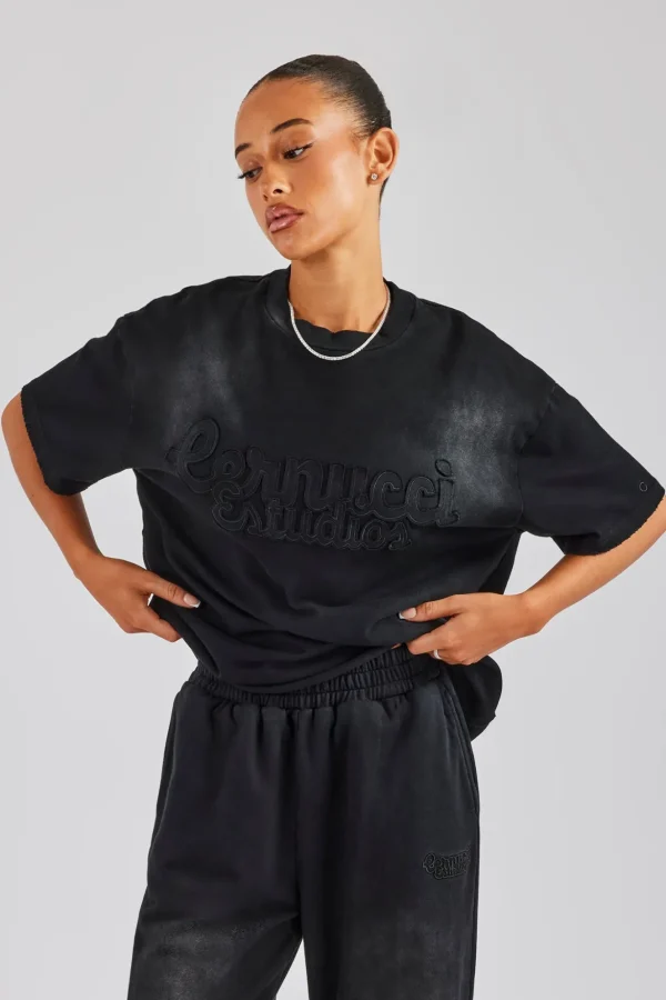 Washed Embroidered Body T-Shirt - Black