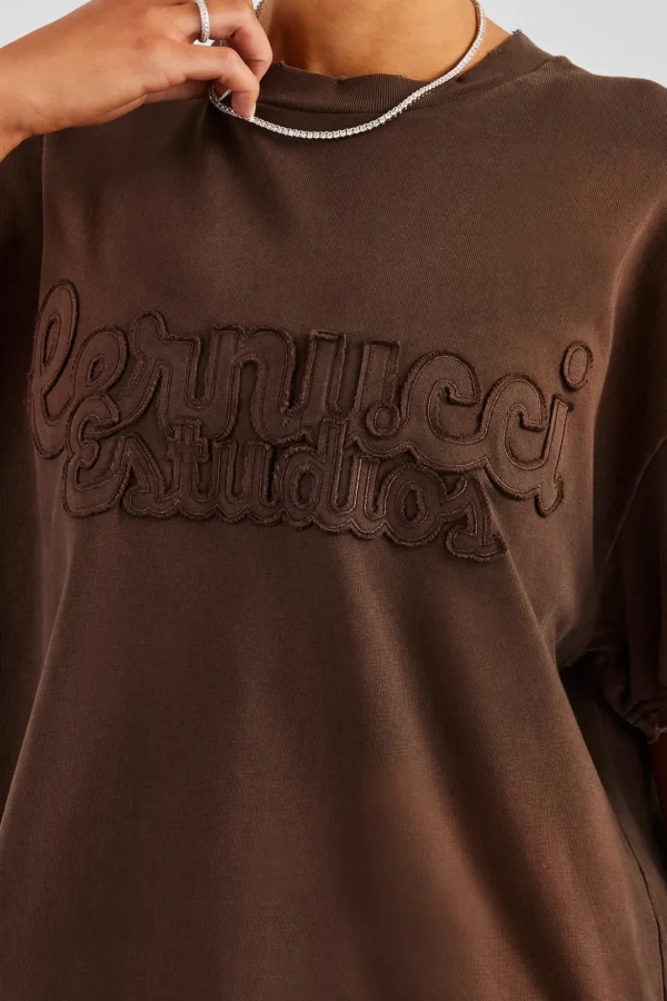 Washed Embroidered Body T-Shirt - Brown