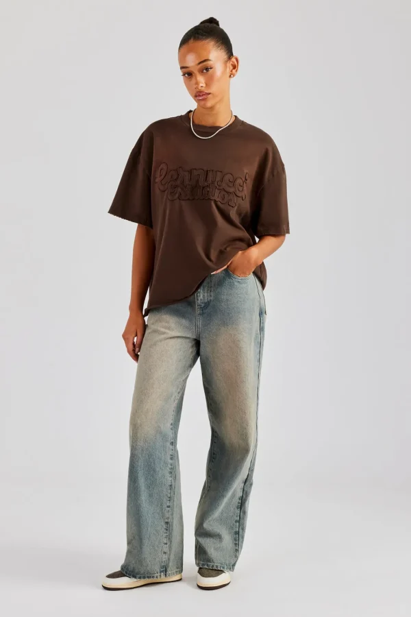 Washed Embroidered Body T-Shirt - Brown