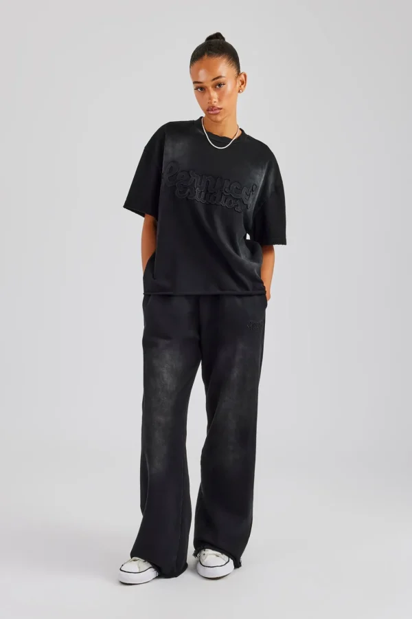 Washed Embroidered Body T-Shirt - Black