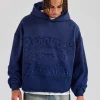 Washed Embroidered Boxy Hoodie - Navy Blue