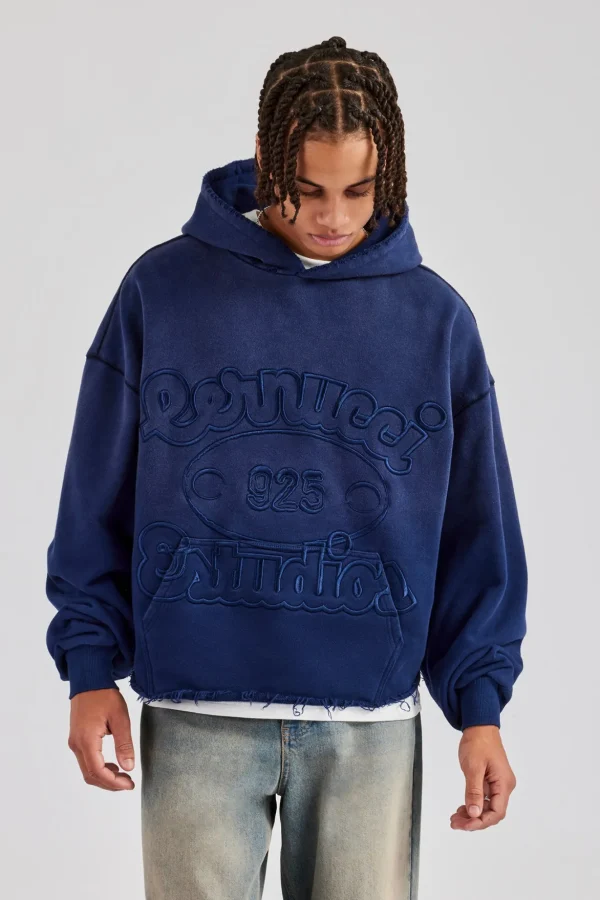 Washed Embroidered Boxy Hoodie - Navy Blue