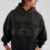 Washed Embroidered Boxy Hoodie - Black