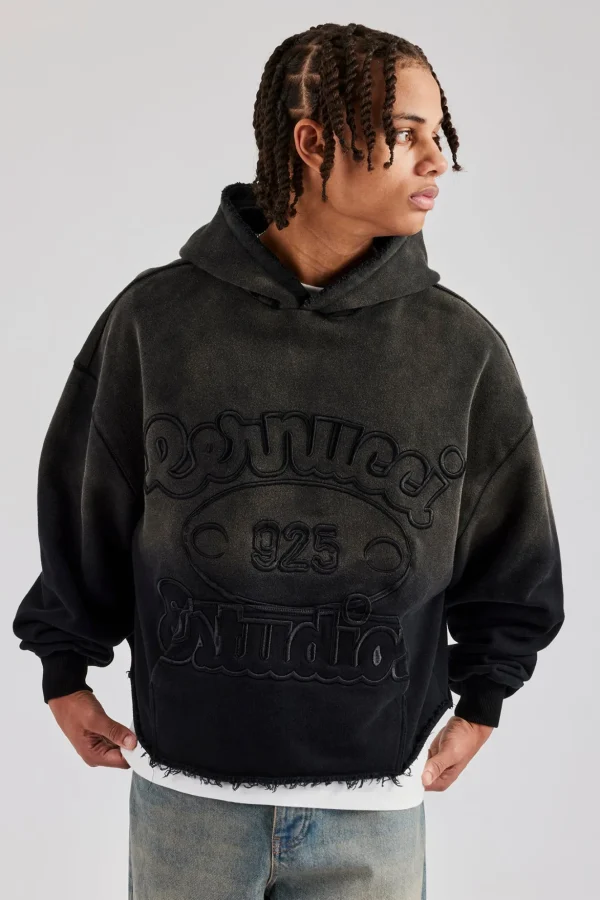 Washed Embroidered Boxy Hoodie - Black