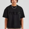 Washed Embroidered Boxy T-Shirt - Black