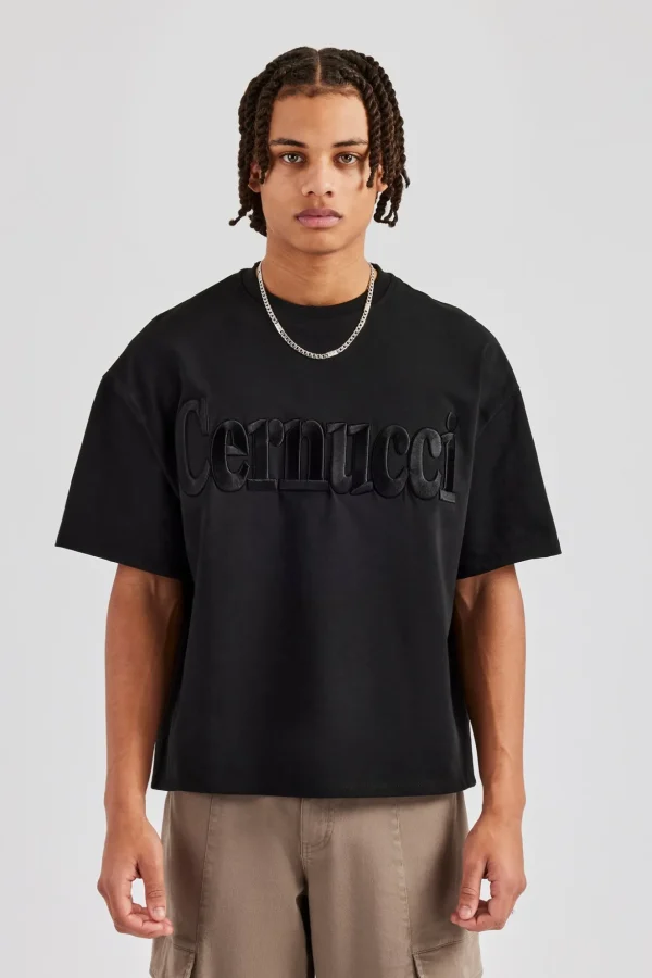 Washed Embroidered Boxy T-Shirt - Black