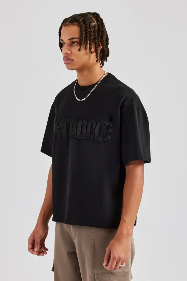 Washed Embroidered Boxy T-Shirt - Black