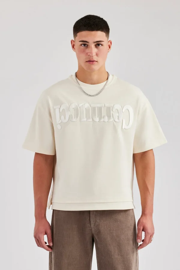 Washed Embroidered Faux Layer Boxy T-Shirt - Off White