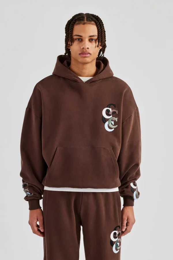 Washed Layered Applique Hoodie - Chocolate