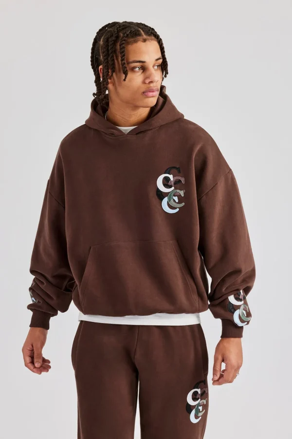 Washed Layered Applique Hoodie - Chocolate