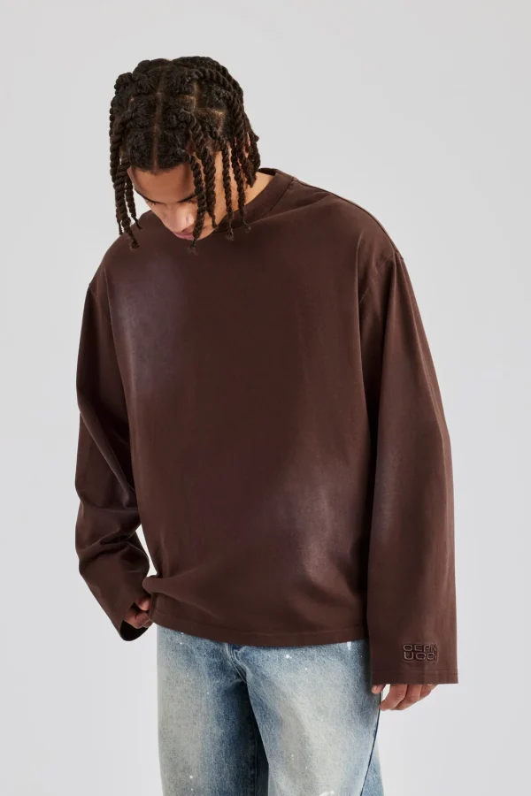 Washed Oversized Long Sleeve T-Shirt - Chocolate