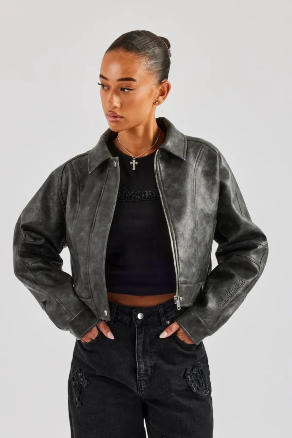 Washed Oversized PU Jacket - Charcoal