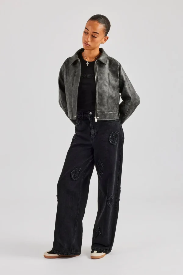 Washed Oversized PU Jacket - Charcoal