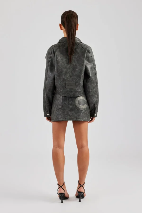 Washed Oversized PU Jacket & Mini Skirt - Charcoal