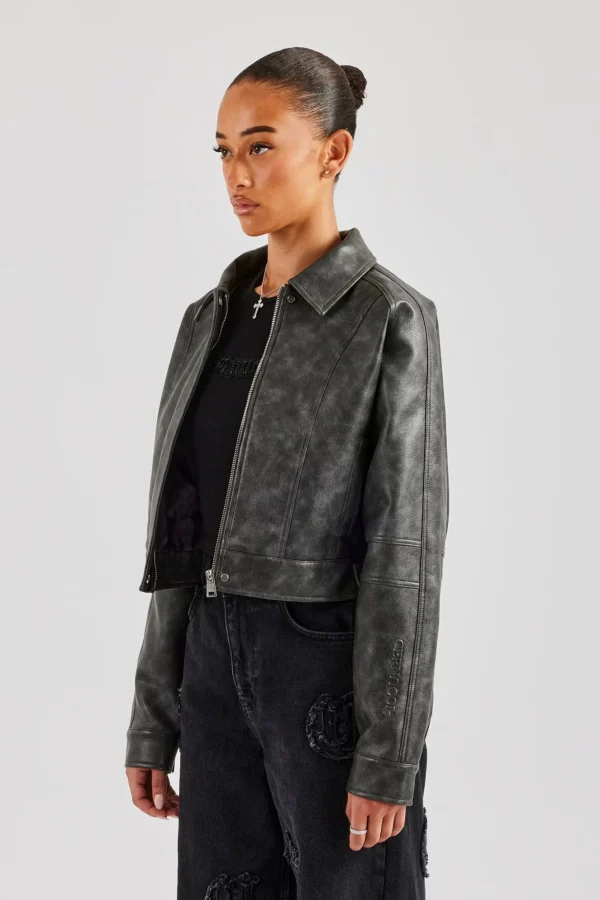 Washed Oversized PU Jacket - Charcoal