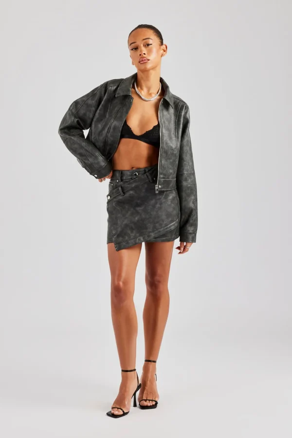 Washed Oversized PU Jacket & Mini Skirt - Charcoal