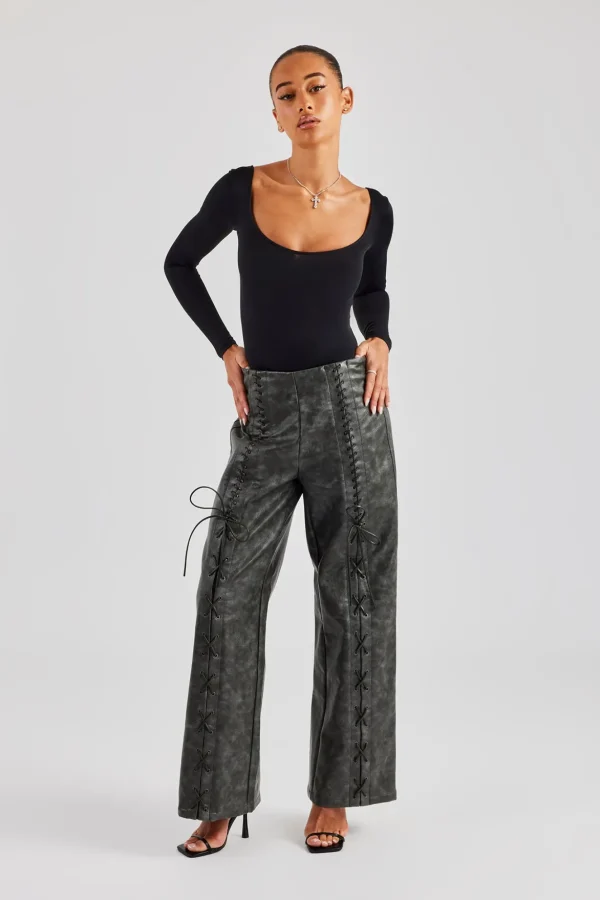 Washed PU Lace Up Detail Trouser - Charcoal