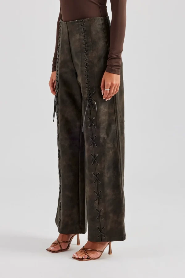 Washed PU Lace Up Detail Trouser - Brown