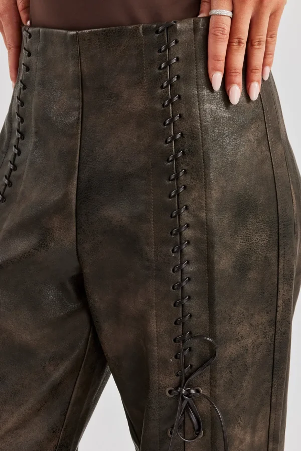 Washed PU Lace Up Detail Trouser - Brown