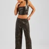 Washed PU Square Neck Top & Lace Up Trouser - Brown