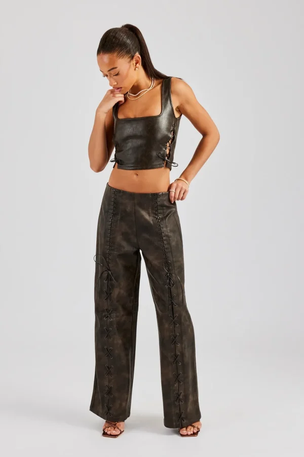 Washed PU Square Neck Top & Lace Up Trouser - Brown