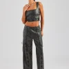 Washed PU Square Neck Top & Lace Up Trouser - Charcoal