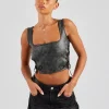 Washed PU Square Neck Top - Charcoal