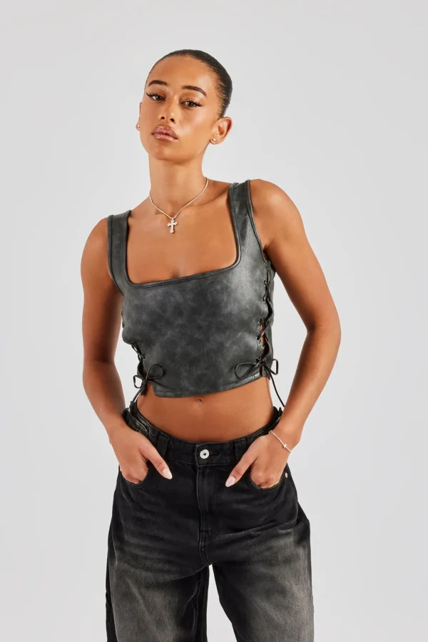 Washed PU Square Neck Top - Charcoal