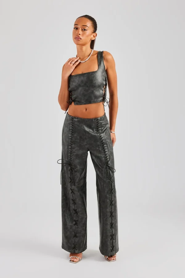 Washed PU Square Neck Top & Lace Up Trouser - Charcoal