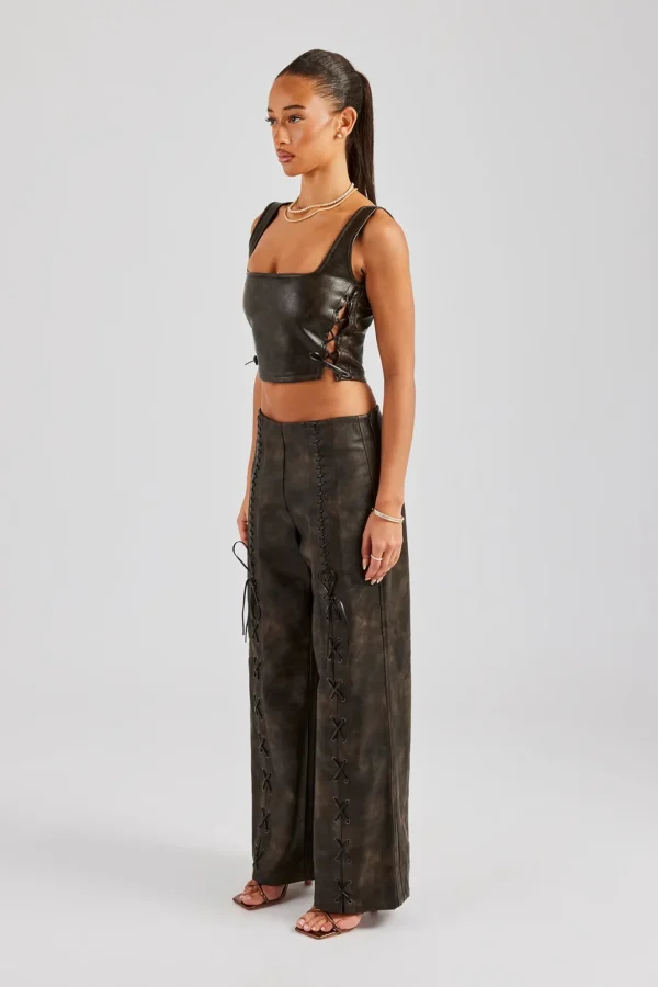 Washed PU Square Neck Top & Lace Up Trouser - Brown