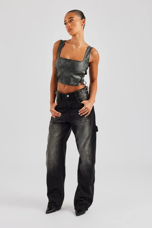 Washed PU Square Neck Top - Charcoal