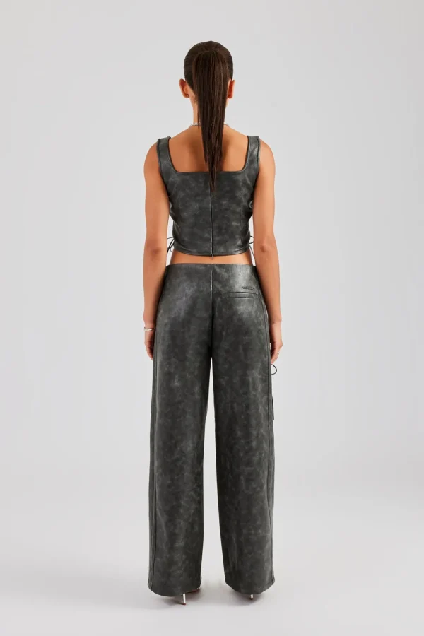 Washed PU Square Neck Top & Lace Up Trouser - Charcoal