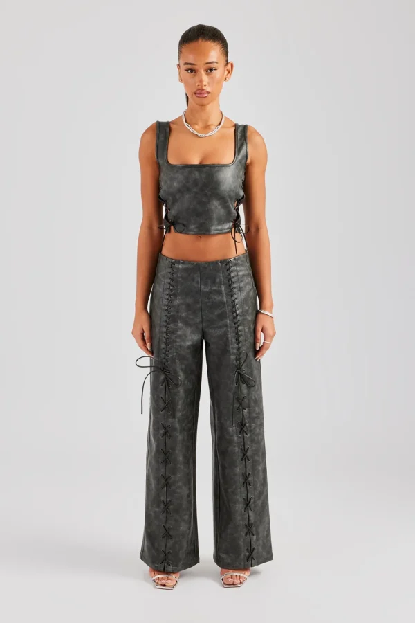 Washed PU Square Neck Top & Lace Up Trouser - Charcoal