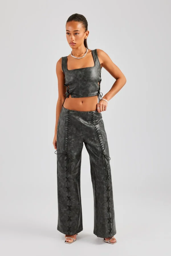 Washed PU Square Neck Top & Lace Up Trouser - Charcoal