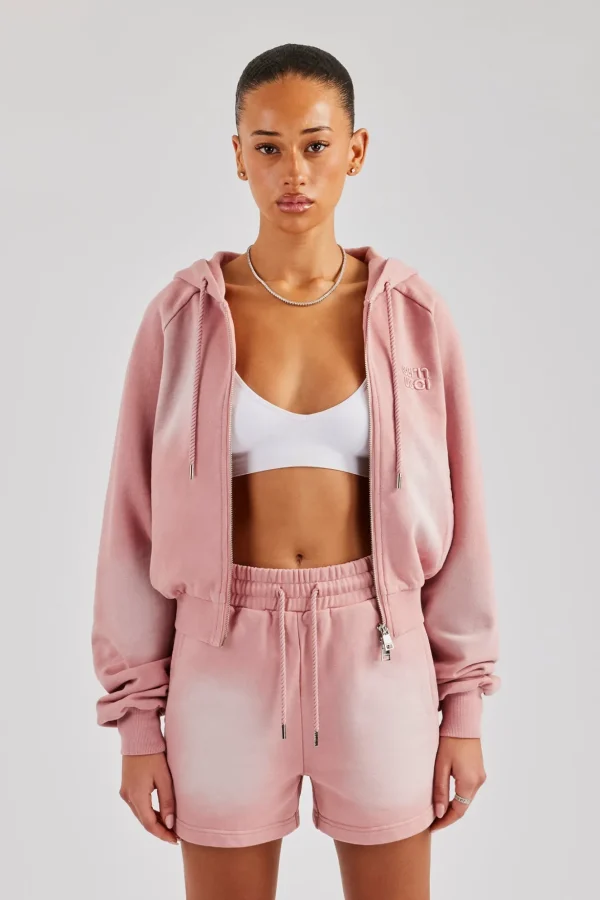 Washed Raglan Zip Through Hoodie - Pink