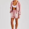 Washed Raglan Zip Through Hoodie & Short - Pink