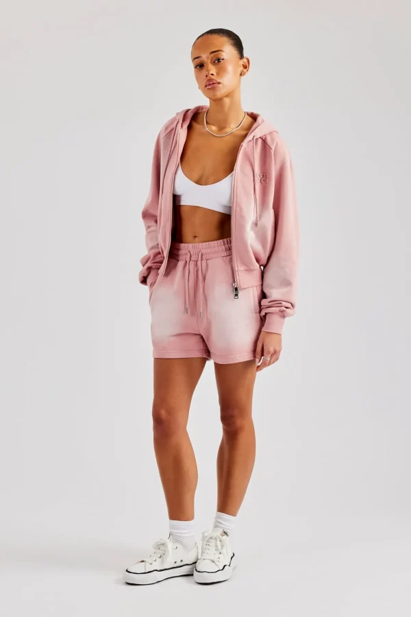 Washed Raglan Zip Through Hoodie & Short - Pink