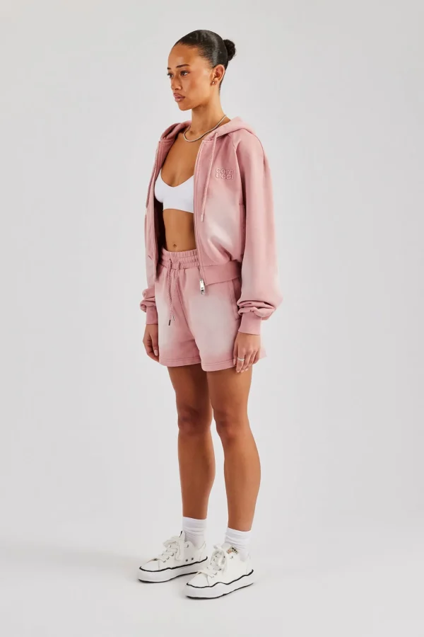 Washed Raglan Zip Through Hoodie & Short - Pink