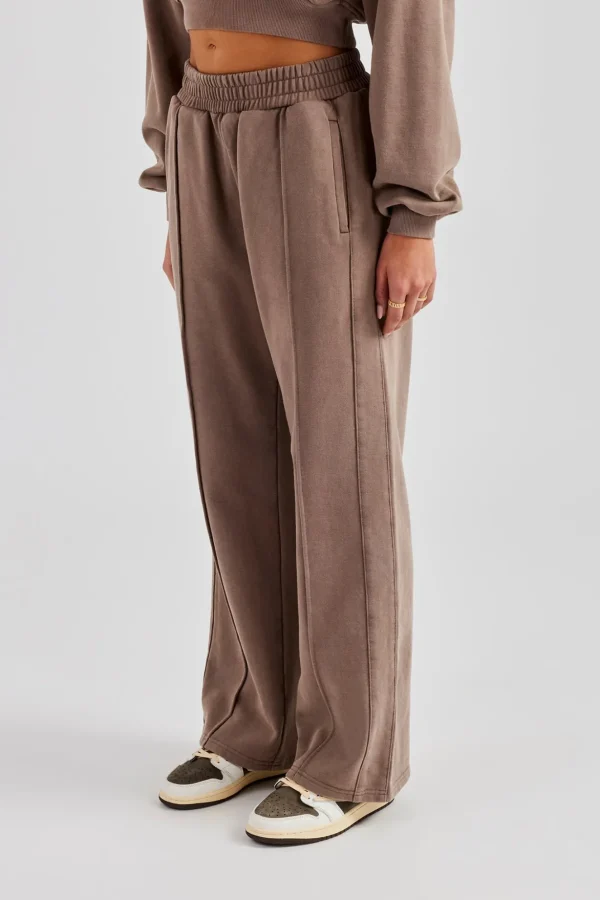 Washed Seam Detail Wide Leg Joggers - Mauve