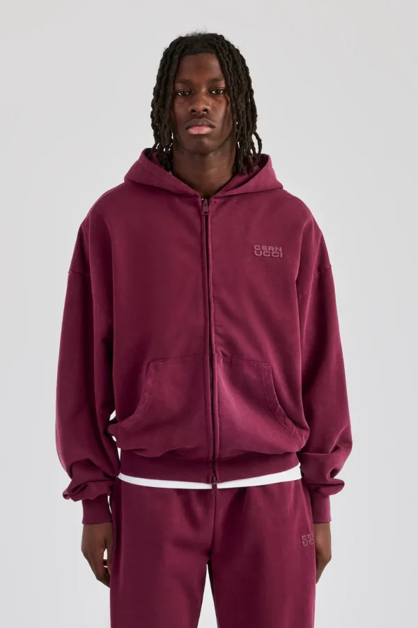 Washed Zip Through Hoodie - Burgundy