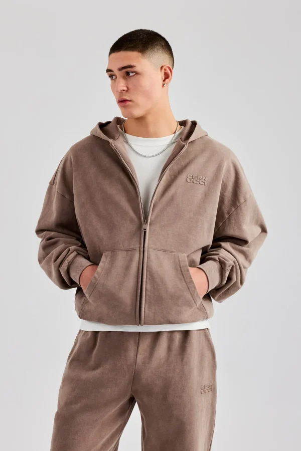 Washed Zip Through Hoodie - Taupe