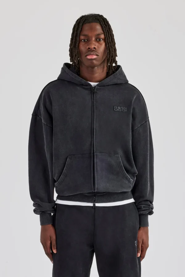 Washed Zip Through Hoodie - Black