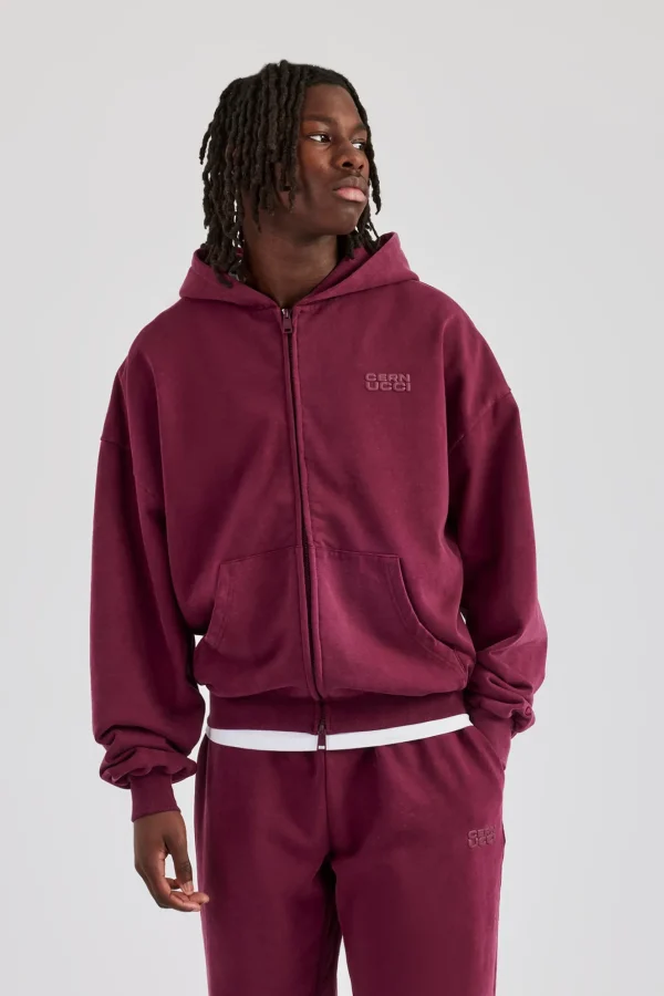 Washed Zip Through Hoodie - Burgundy