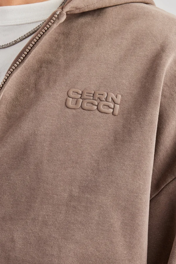 Washed Zip Through Hoodie - Taupe