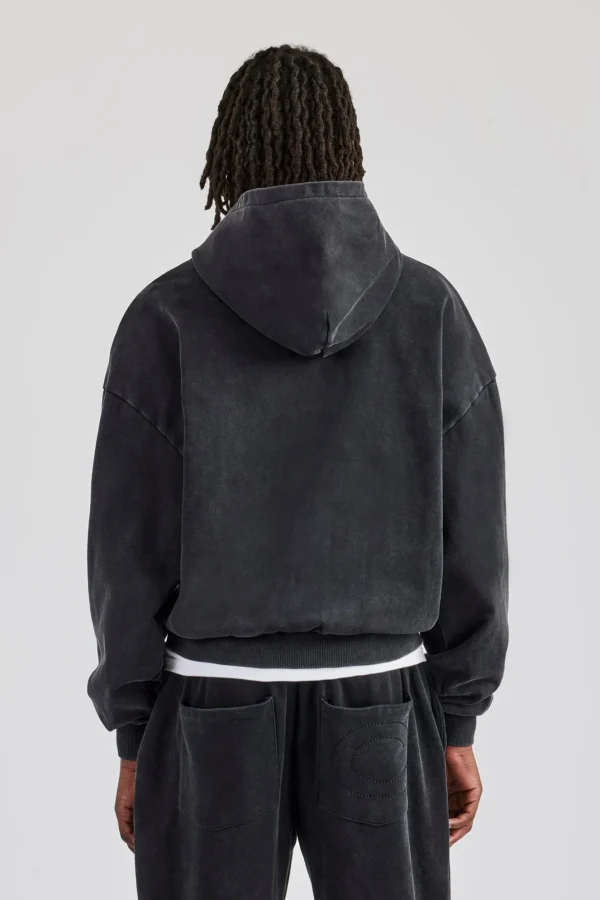 Washed Zip Through Hoodie - Black