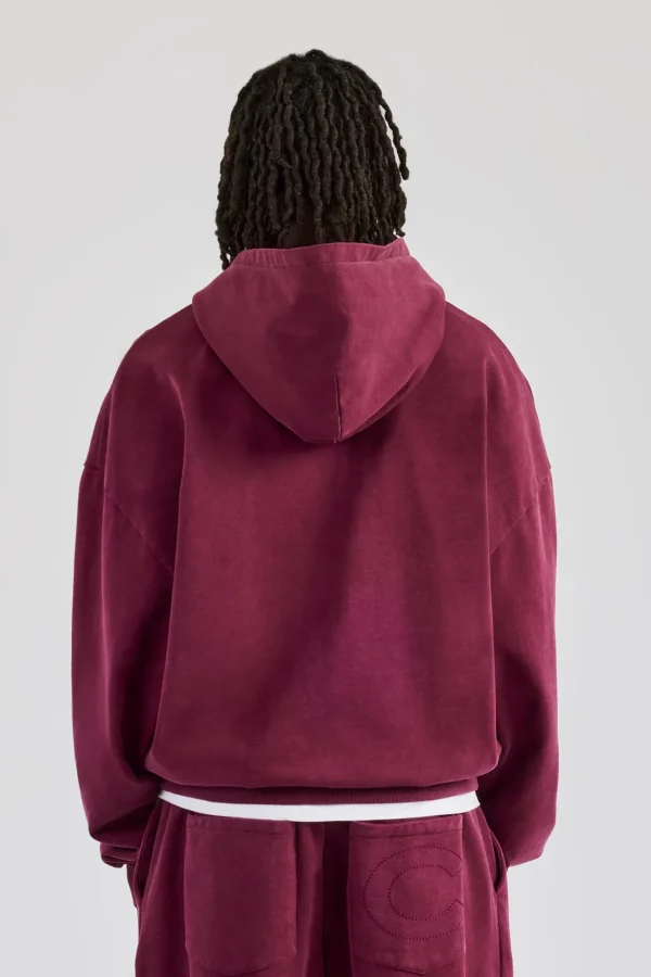 Washed Zip Through Hoodie - Burgundy