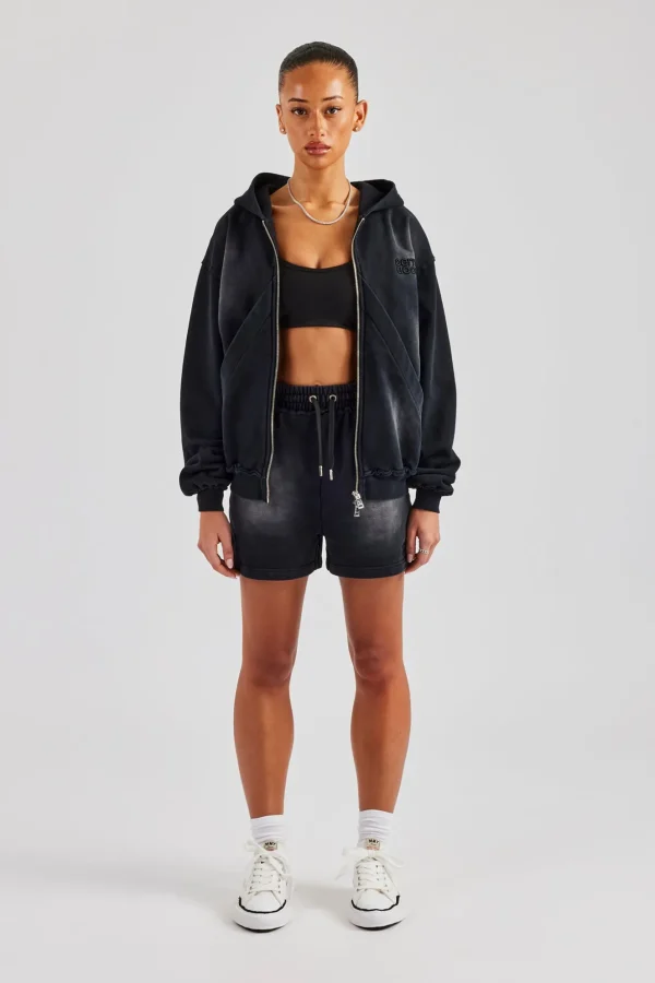 Washed Zip Through Panel Hoodie & Short - Black