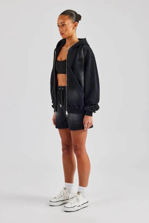 Washed Zip Through Panel Hoodie & Short - Black