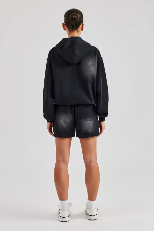 Washed Zip Through Panel Hoodie & Short - Black