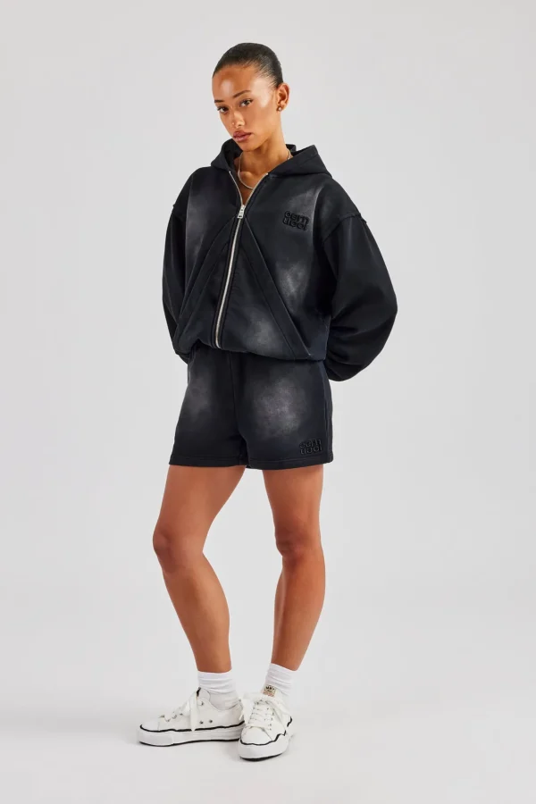 Washed Zip Through Panel Hoodie & Short - Black